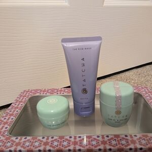 Tatcha Skincare Set with Purple and Mint Packaging